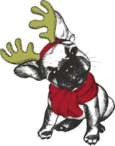 Adorable Merry Christmas Holiday Puppy Dog in Reindeer Costume - Frenchie French Bulldog #2 Vinyl Decal Sticker