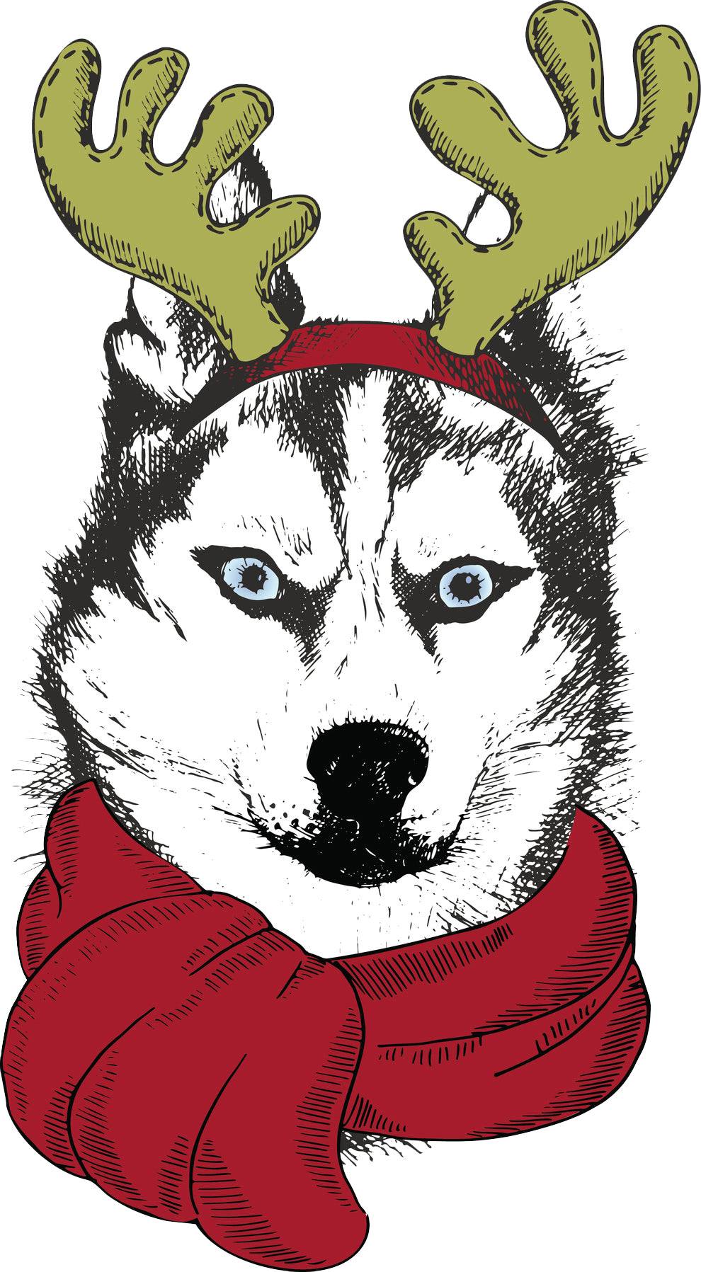 Adorable Merry Christmas Holiday Puppy Dog in Reindeer Costume - Husky Vinyl Decal Sticker
