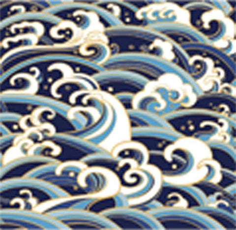 Beautiful Blue Black Asian Japanese Water Wave Pattern Gold Trim Icon - Square Vinyl Decal Sticker