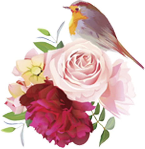 Beautiful Wedding Engagement Spring Floral Flower Arrangement Cartoon Art - Roses and Peonies with Bird Vinyl Decal Sticker