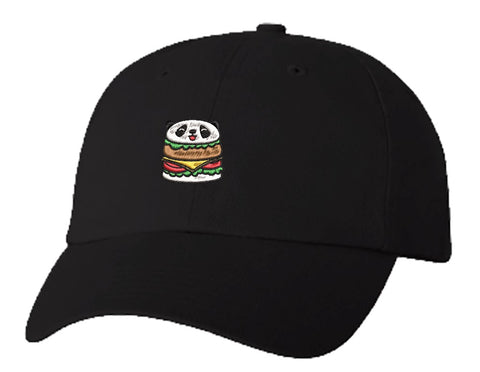Unisex Adult Washed Dad Hat Happy Cute Hungry Panda Hamburger Patty Cartoon Embroidery Sketch Design