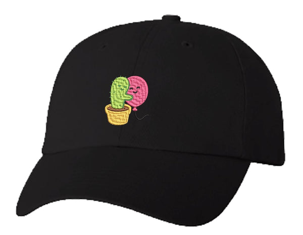 Unisex Adult Washed Dad Hat Sweet Cactus Hugging Pink Balloon Cartoon Emoji Embroidery Sketch Design