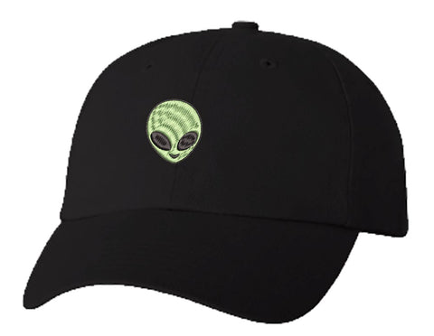 Unisex Adult Washed Dad Hat Green Cartoon Alien Head Icon Embroidery Sketch Design