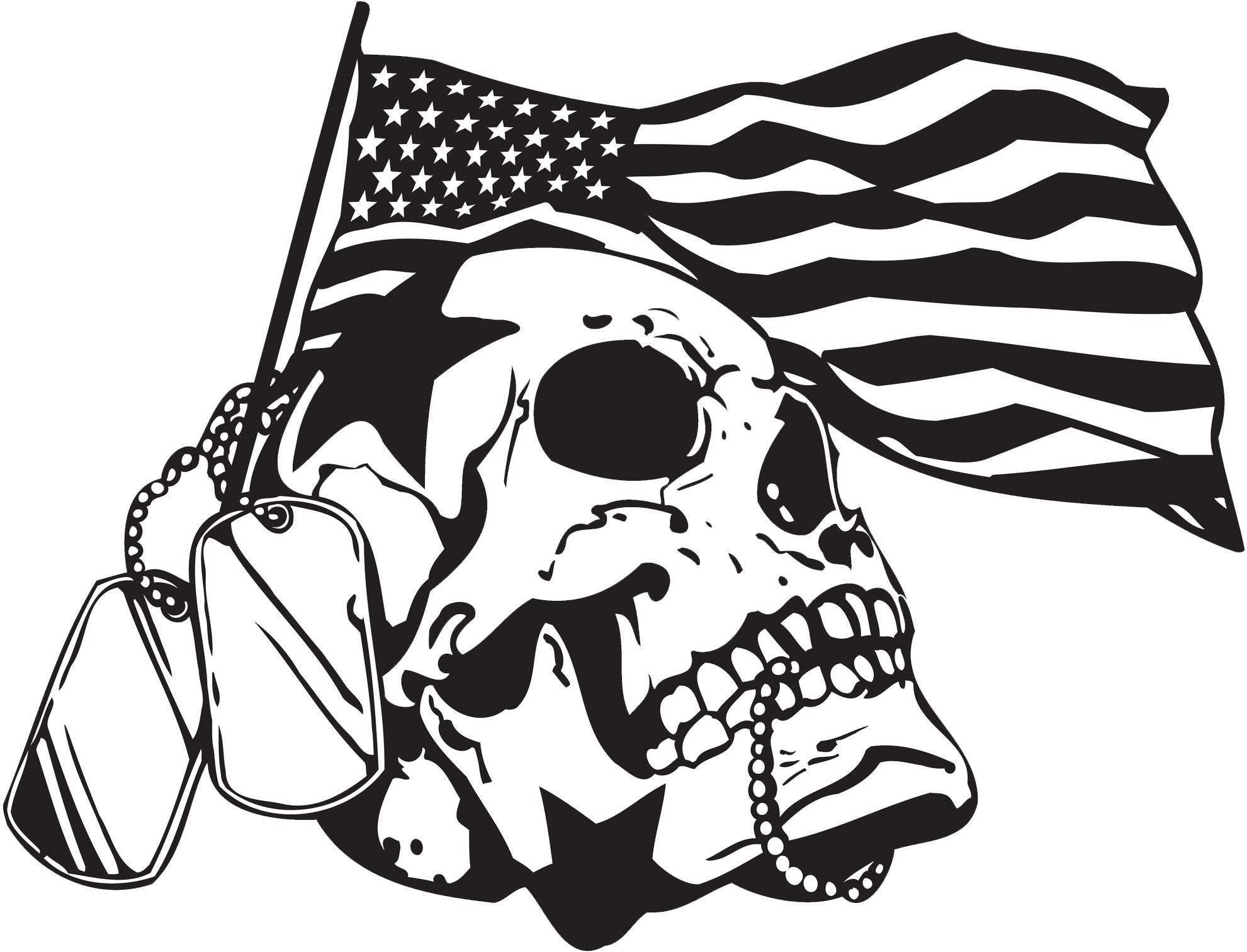 Black and White American Flag with Soldier Skull and Dog Tags Vinyl Decal Sticker