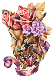 Brown Puppy Dog with Roses, Lilac Flowers, and Heart Jewel Vinyl Decal Sticker