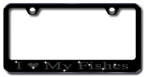 License Plate Frame with Swarovski Crystal Bling Bling I Love My Fishes Aluminum