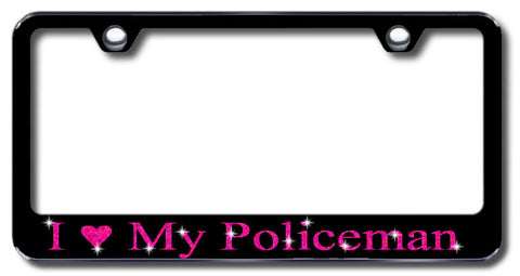 License Plate Frame with Swarovski Crystal Bling Bling I Love My Policeman Aluminum