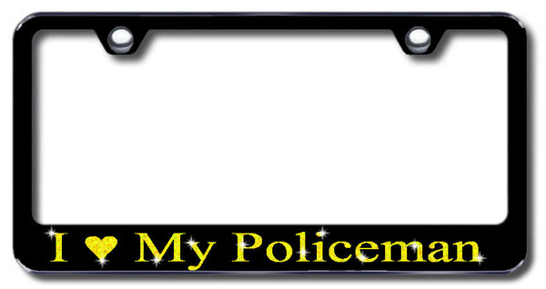 License Plate Frame with Swarovski Crystal Bling Bling I Love My Policeman Aluminum