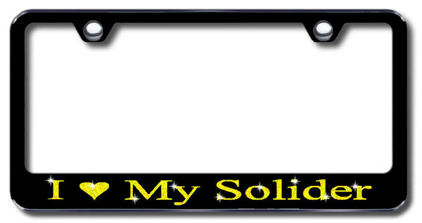 License Plate Frame with Swarovski Crystal Bling Bling I Love My Soldier Aluminum