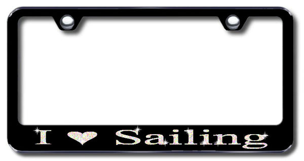 License Plate Frame with Swarovski Crystal Bling Bling I Love Sailing Aluminum
