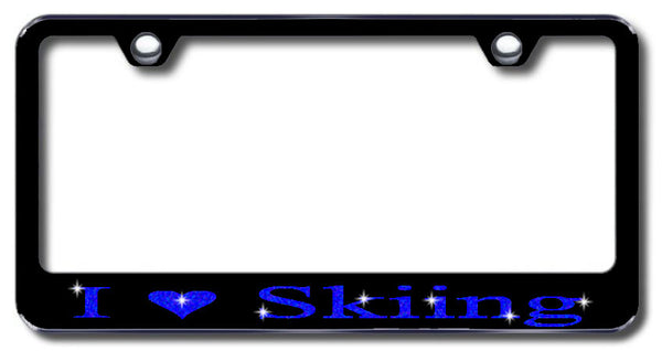 License Plate Frame with Swarovski Crystal Bling Bling I Love Skiing Aluminum