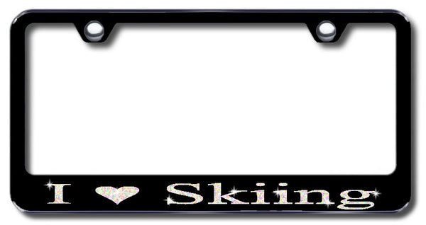 License Plate Frame with Swarovski Crystal Bling Bling I Love Skiing Aluminum