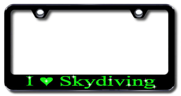 License Plate Frame with Swarovski Crystal Bling Bling I Love Skydiving Aluminum