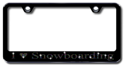 License Plate Frame with Swarovski Crystal Bling Bling I Love Snowboarding Aluminum