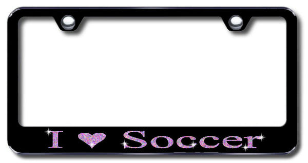 License Plate Frame with Swarovski Crystal Bling Bling I Love Soccer Aluminum