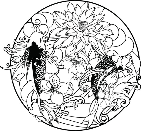 Cool Japanese Koi Fish Flowers and Waves Cartoon Icon - Black and White Vinyl Sticker