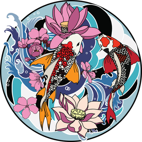 Cool Japanese Koi Fish Flowers and Waves Cartoon Icon - Colorful #1 Vinyl Sticker