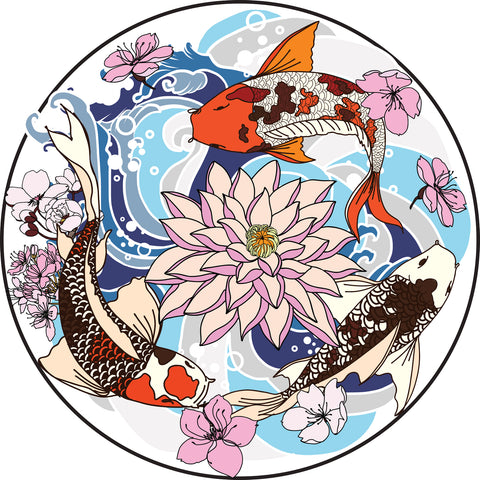 Cool Japanese Koi Fish Flowers and Waves Cartoon Icon - Colorful #2 Vinyl Sticker