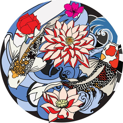 Cool Japanese Koi Fish Flowers and Waves Cartoon Icon - Colorful #5 Vinyl Sticker