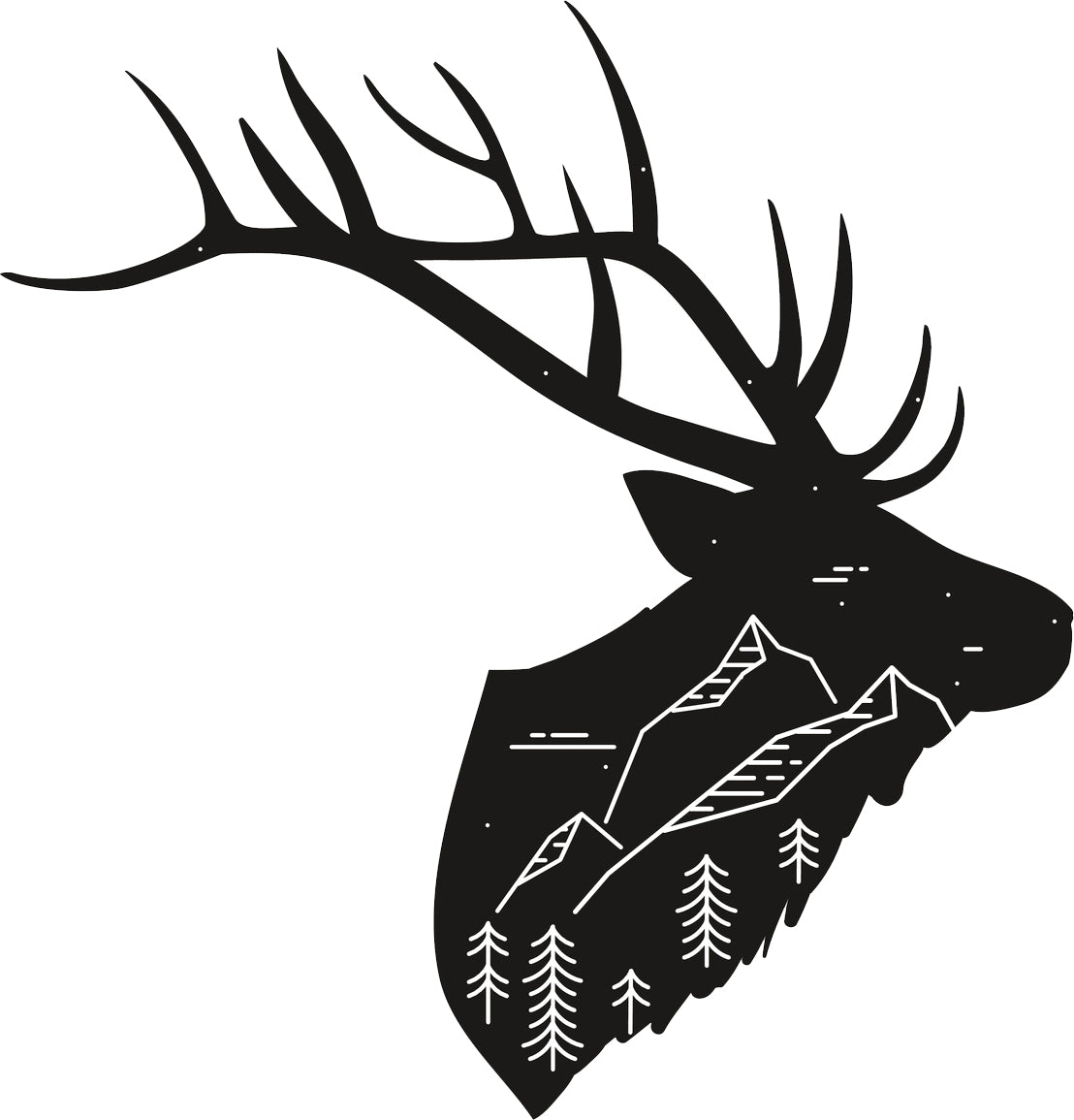 Cool Moose Silhouette with Forest Mountain Drawing Vinyl Sticker