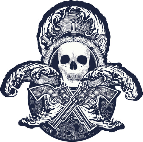 Cool Navy Tattoo Style Pirate Skull with Pistols Cartoon Icon Vinyl Sticker