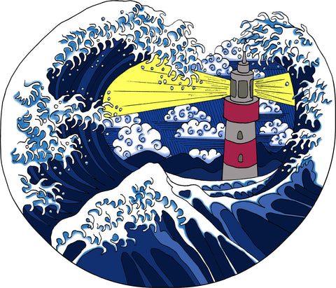 Cool Traditional Japanese Waves and Lighthouse Cartoon Icon Vinyl Sticker