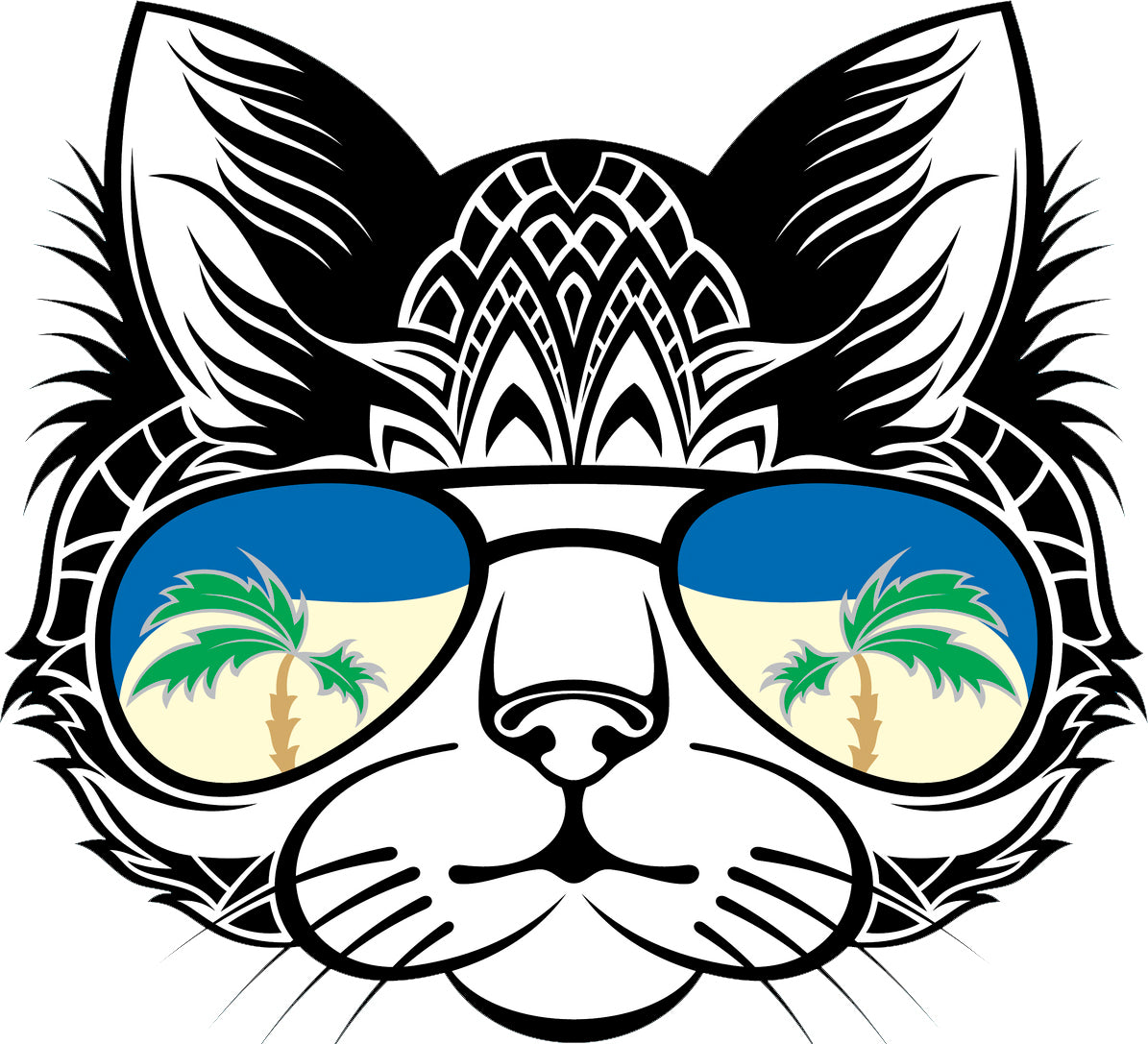 Cool Tropical Vacation Tribal Kitty Cat Cartoon Face Vinyl Sticker