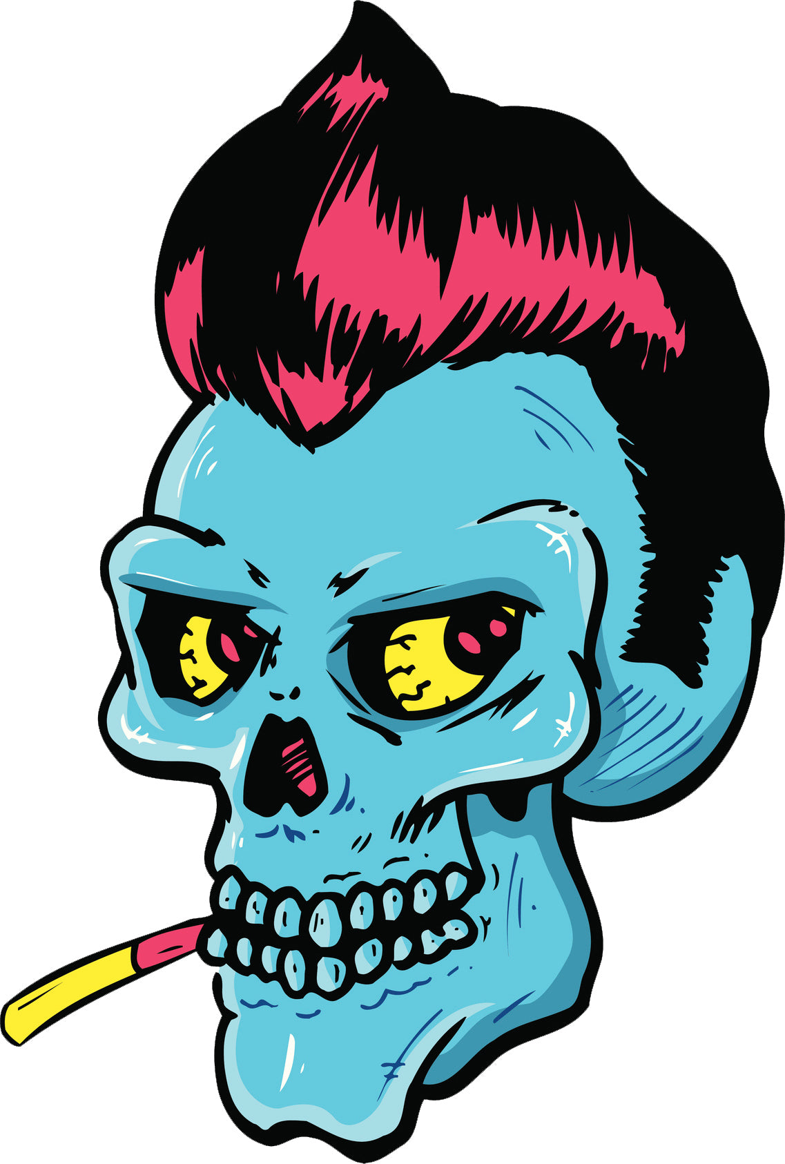 Cool Vintage Neon Suave Skull with Cigarette  and Mohawk Cartoon Vinyl Decal Sticker