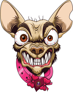 Creepy Crazy Pink Collar Chihuahua Puppy Dog Cartoon Vinyl Decal Sticker