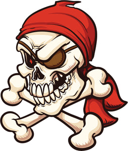Creepy Pirate Skull and Cross Bones with Red Bandana Cartoon Vinyl Decal Sticker