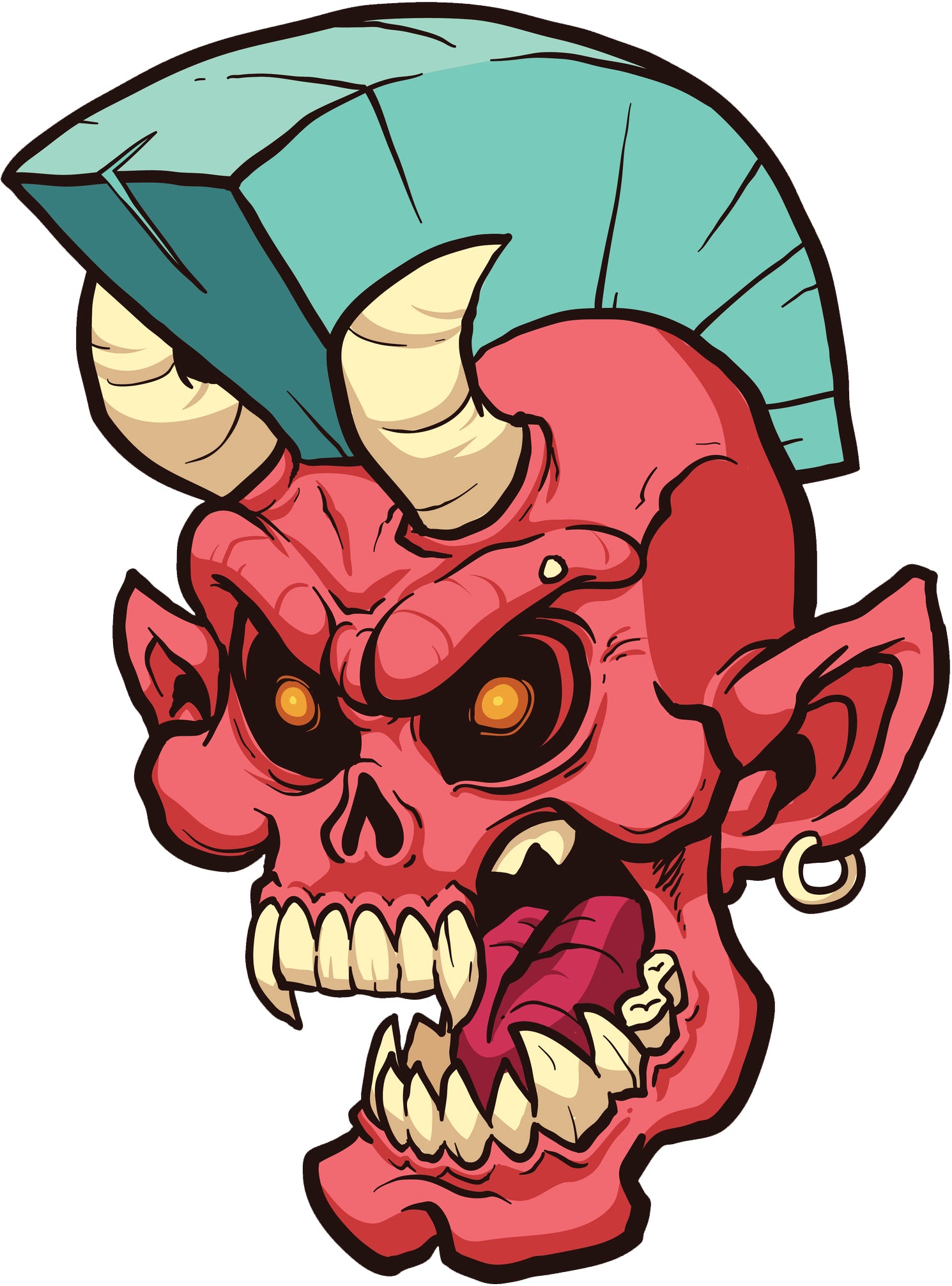 Creepy Red Devil Skull with Teal Mowhawk Vinyl Decal Sticker