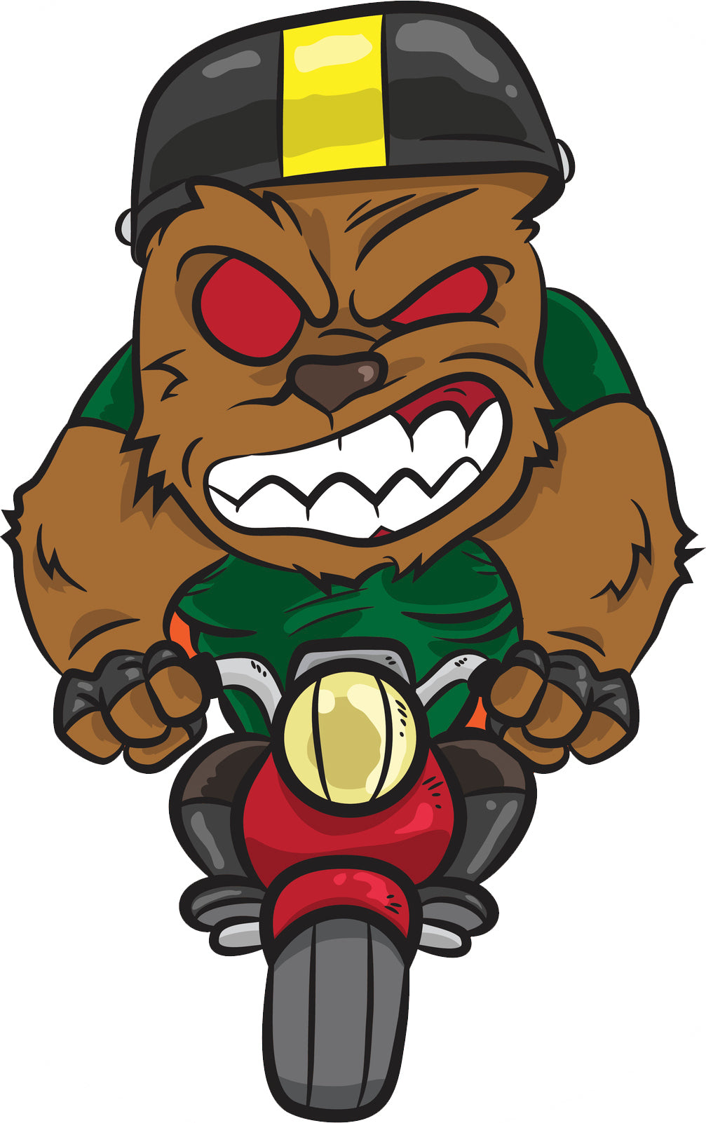 Creepy Red Eyed Wild Bear on Motorcycle Cartoon Vinyl Decal Sticker