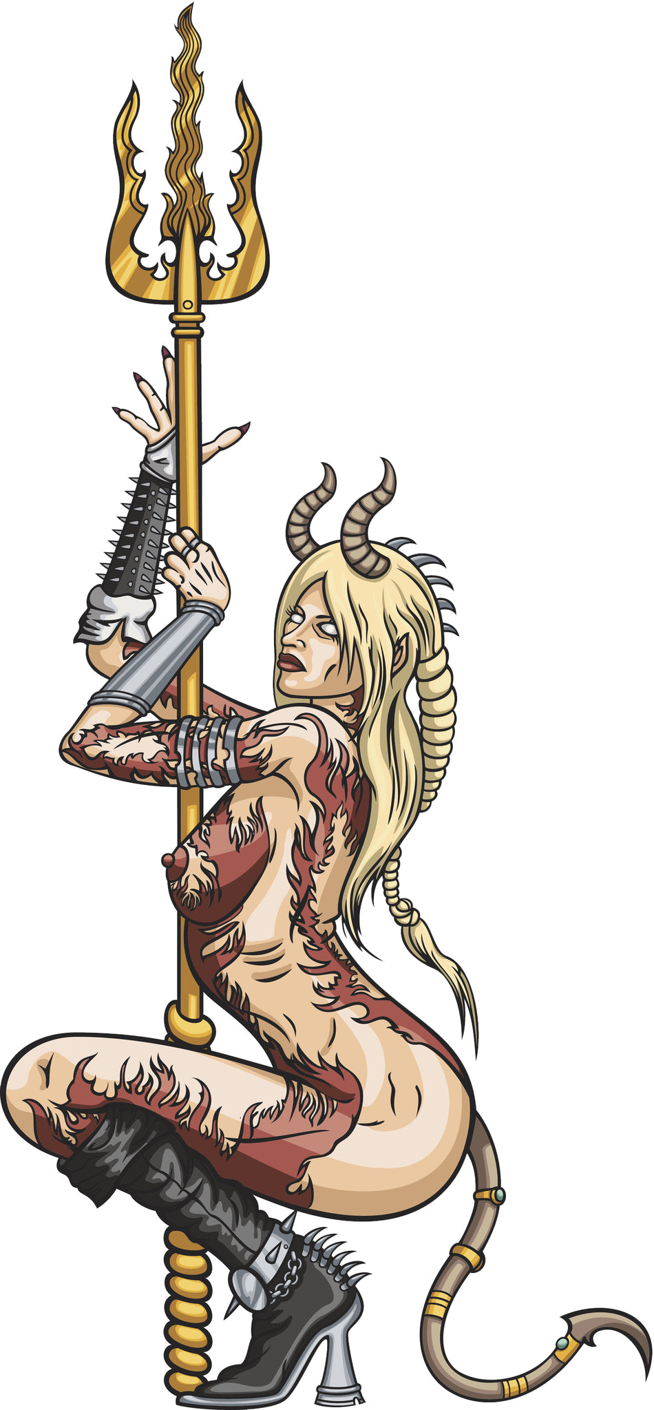 Creepy Sexy Devil Goat Woman with Golden Trident Cartoon Vinyl Decal Sticker