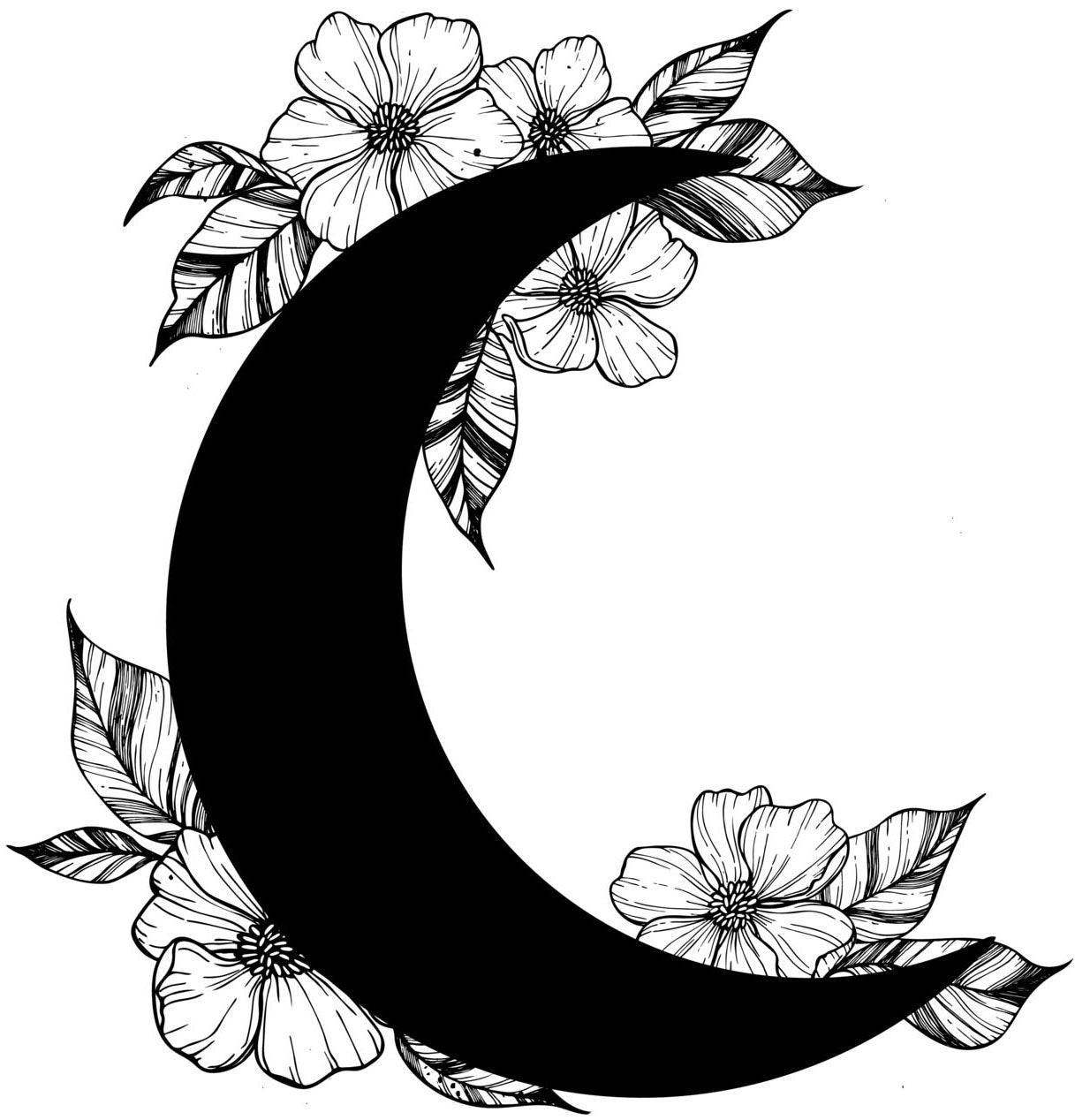 Crescent Moon with Dainty Black and White Flowers Vinyl Decal Sticker