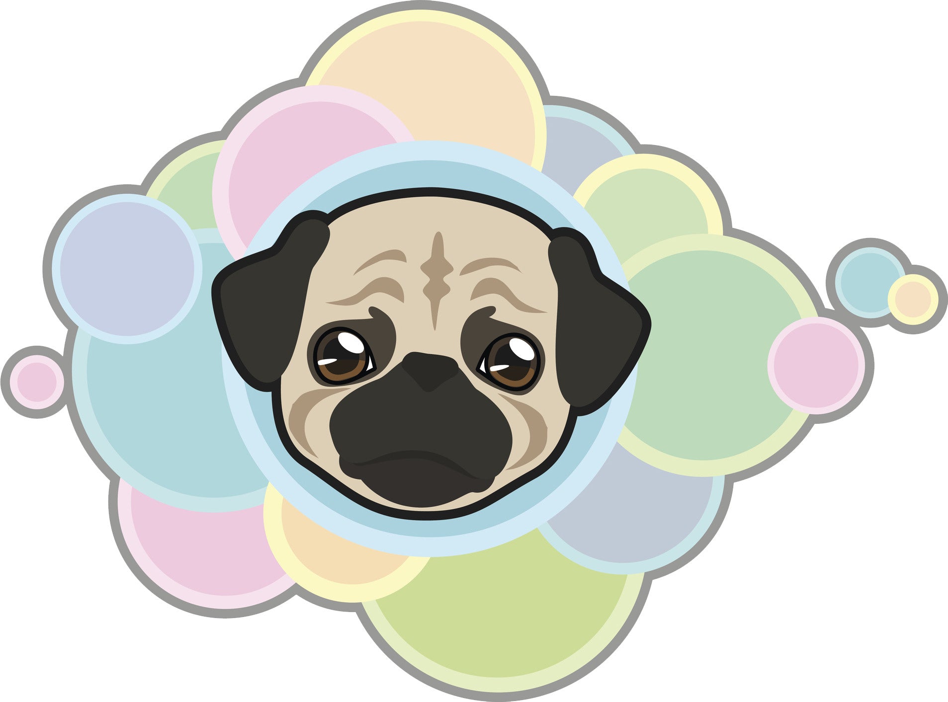 Cute Adorable Kawaii Puppy Dog Cartoon with Rainbow Bubbles - Pug Vinyl Decal Sticker