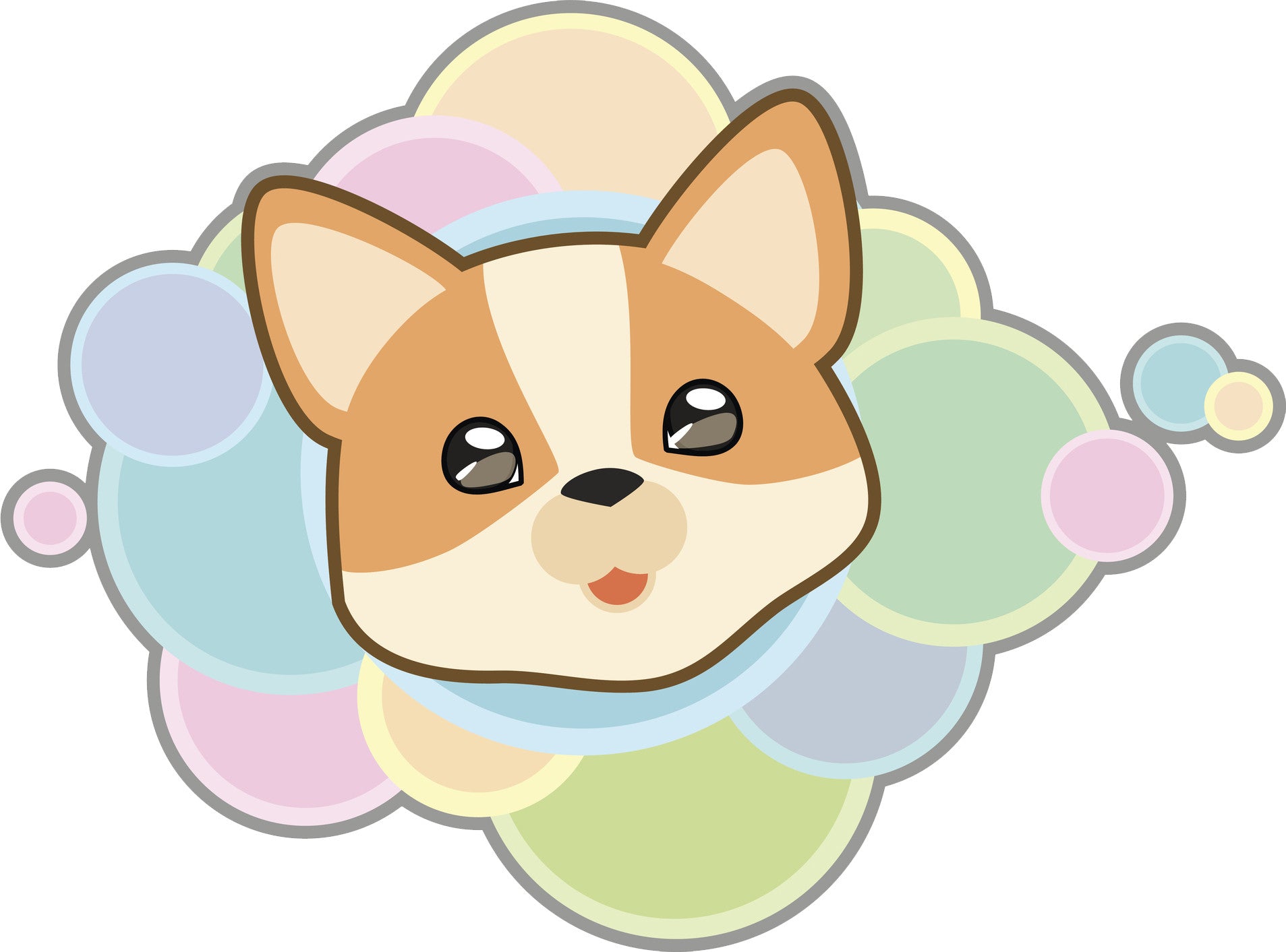 Cute Adorable Kawaii Puppy Dog Cartoon with Rainbow Bubbles - Shiba Inu Vinyl Decal Sticker