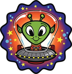 Cute Green Alien in Space Ship in Outer Space Cartoon Vinyl Decal Sticker
