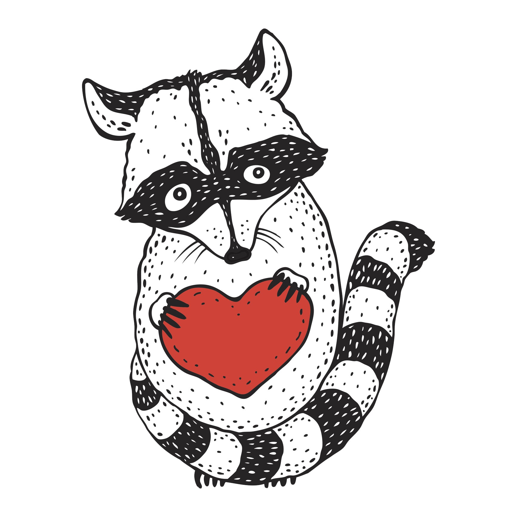 Cute Little Black and White Racoon with Red Heart Vinyl Decal Sticker