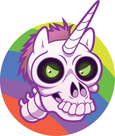 Cute  Purple Unicorn Skeleton Cartoon in Rainbow Icon Vinyl Decal Sticker