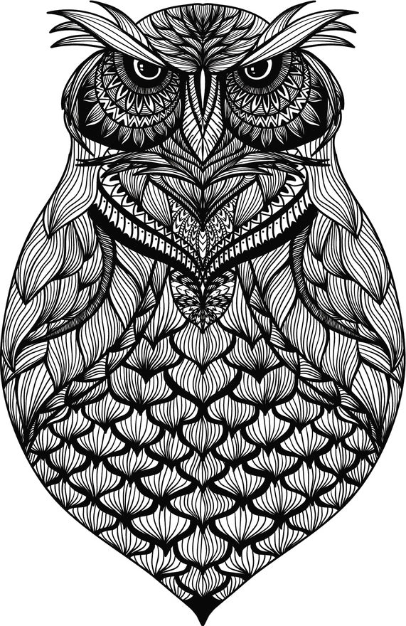 Detailed Black and White Stern Serious Tribal Pattern Owl (3) Vinyl Decal Sticker