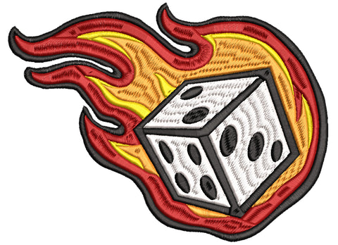Iron on / Sew On Patch Applique Dice in Fire Flames Cartoon Icon Embroidered Design