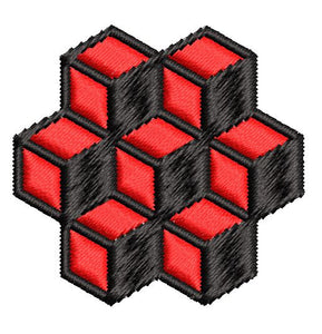 Iron on / Sew On Patch Applique Geometric Square Cube Tile Pattern Black and Red Optical Illusion Embroidered Design