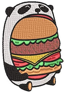 Iron on / Sew On Patch Applique Happy Cute Hungry Panda Eating Hamburger Patty Embroidered Design