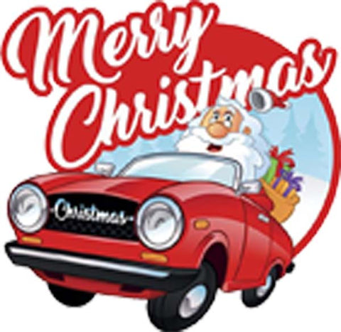 Happy Jolly Merry Christmas Santa Delivering Presents In Car Cartoon Icon Vinyl Decal Sticker