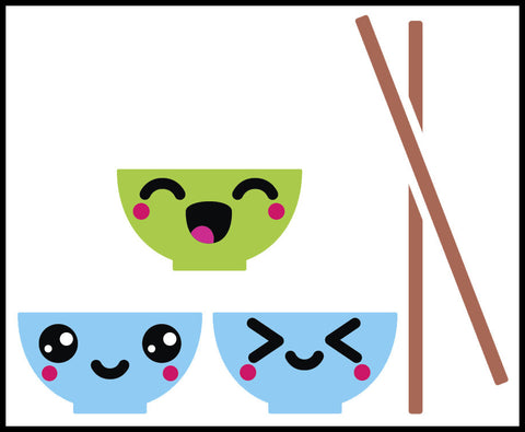 Happy Japanese Food Cartoon Emoji Rice Bowl and Chopsticks Vinyl Decal Sticker