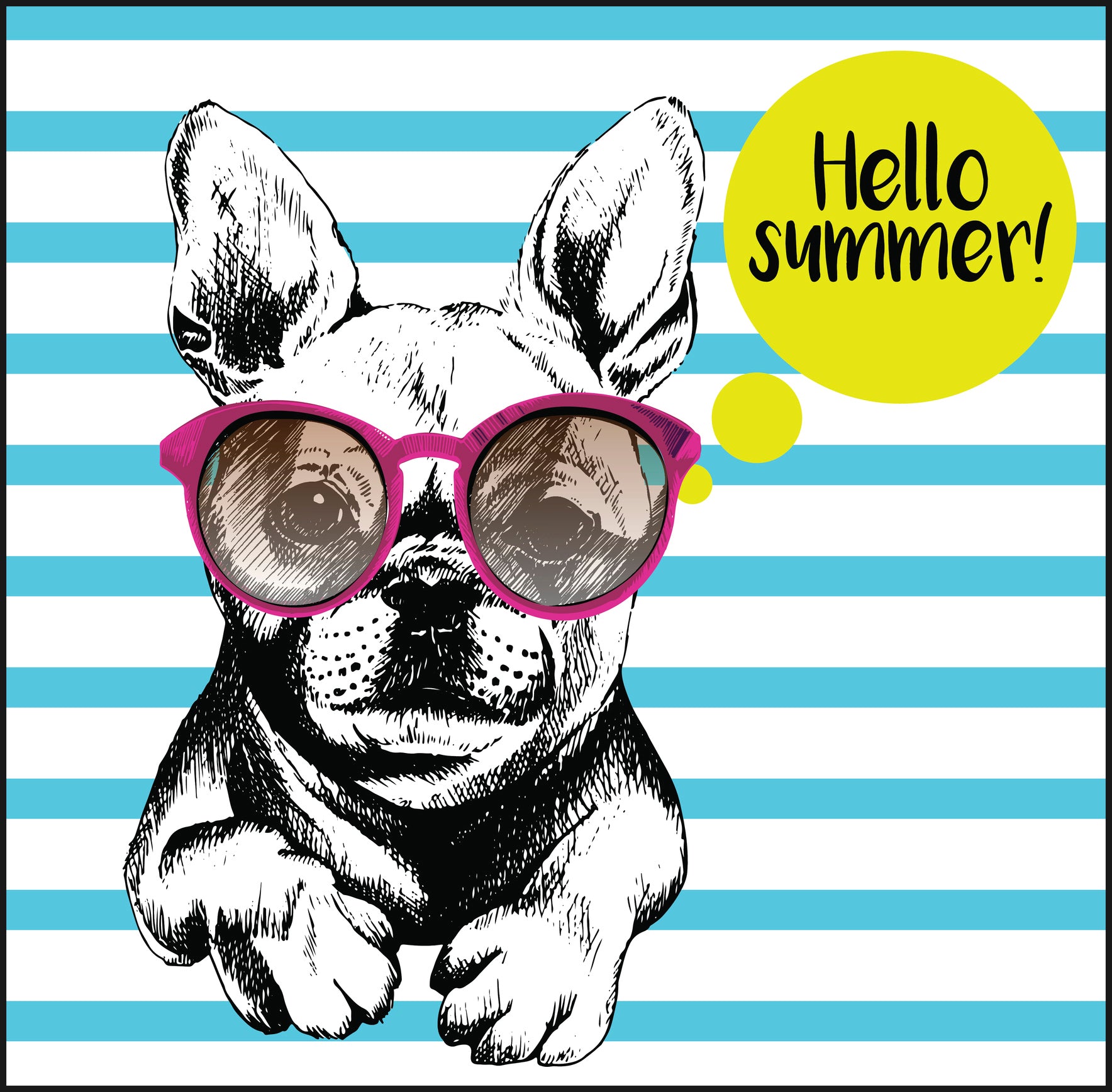 Hello Summer Cool Frenchie French Bulldog Cartoon Icon Vinyl Decal Sticker