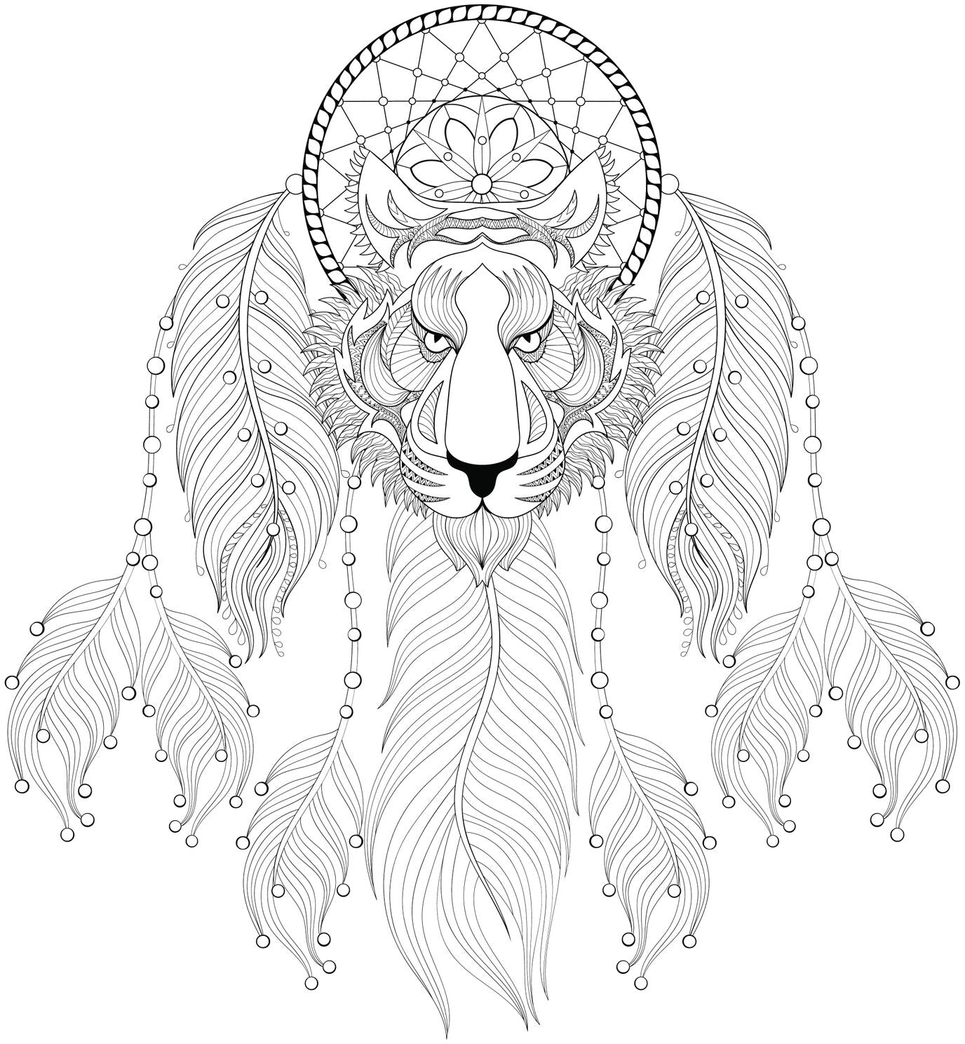 Intense Lion with Dream Catcher and Feathers Vinyl Decal Sticker