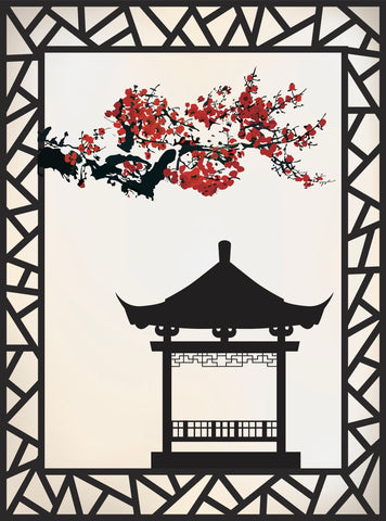 Japanese Pagoda Gazebo with Red Cherry Blossoms Vinyl Decal Sticker