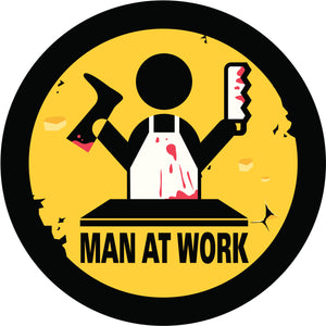 MAN AT WORK SERIAL KILLER BUTCHER LOGO YELLOW BLACK RED WHITE Vinyl Decal Sticker