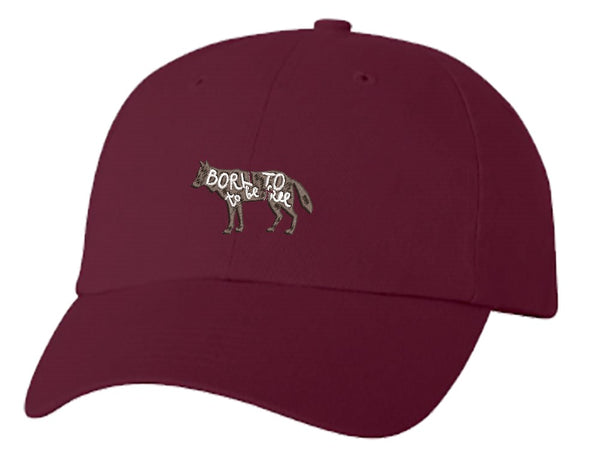 Unisex Adult Washed Dad Hat Nature Quote Calligraphy Animal Silhouette - Born to be Free Wolf Embroidery Sketch Design
